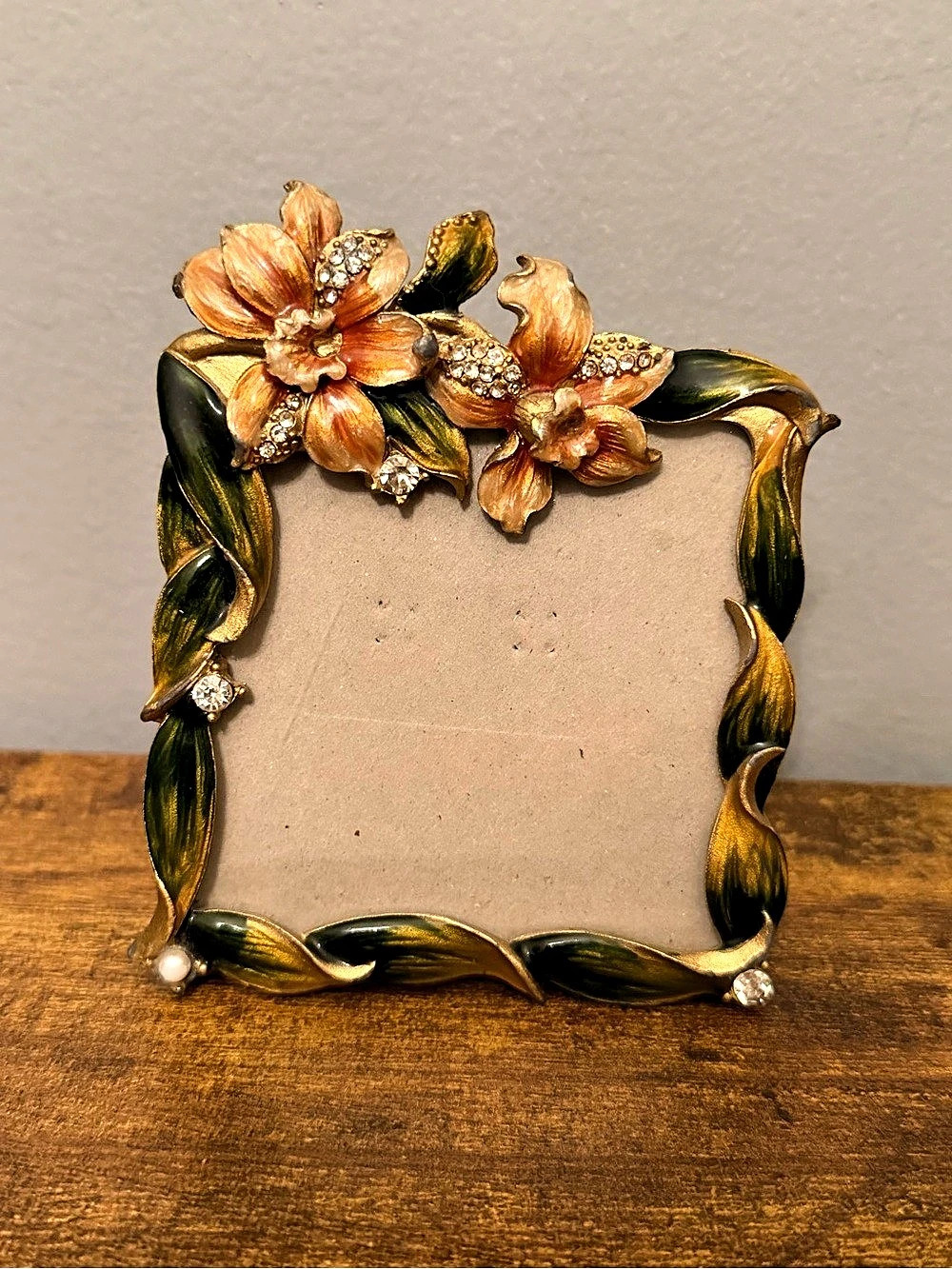 Floral Enamel Picture Frame Gold Tone Rhinestone Crystal Orchid 3x3 Easel